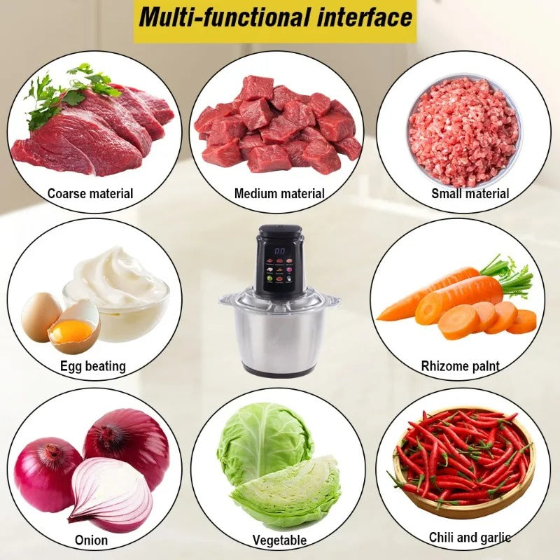 Hachoir Électrique 5 L Grande Capacité en Inox avec des ingrédients variés pour une cuisine facile