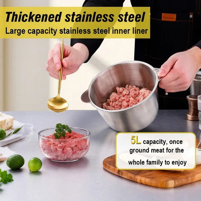 Hachoir Électrique 5 L Grande Capacité en Inox avec viande hachée dans un bol en inox