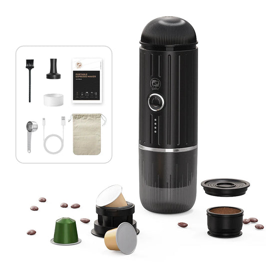 Machine à Café Portable ME2218 - Espresso Rechargeable, Compatible Capsules et Café Moulu, Idéale pour Voyages - Ustensile de chef