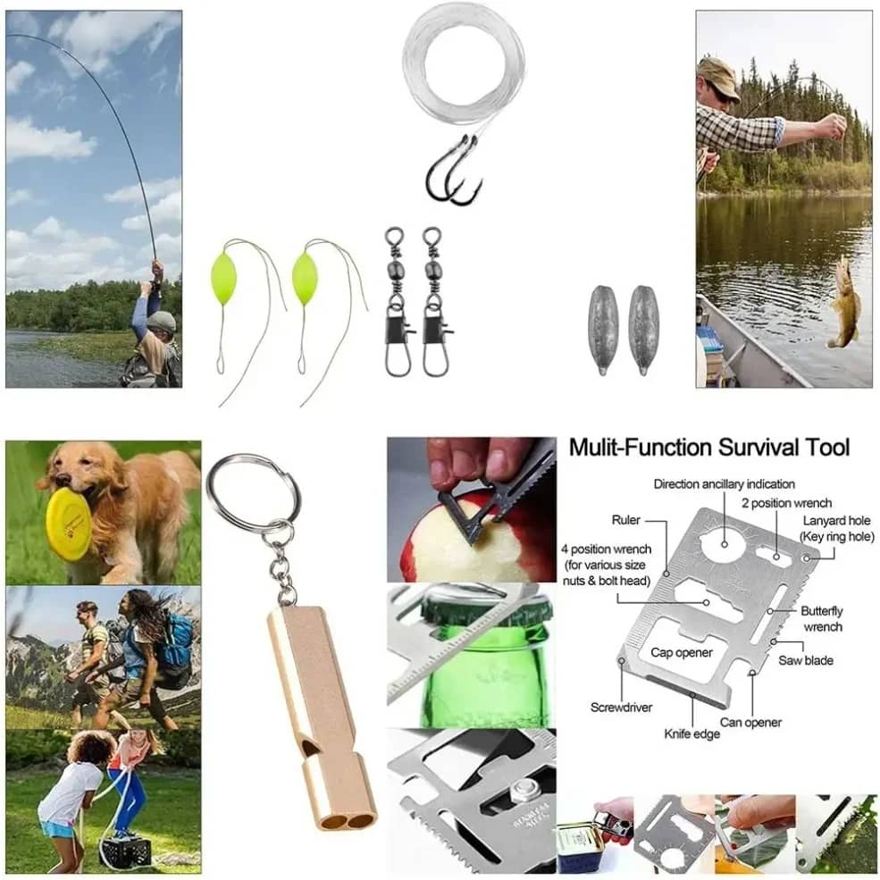 outils indispensable tel qu'un sifflet, fils et hameçon pour pêcher contenu dans le kit survie solo 72H   