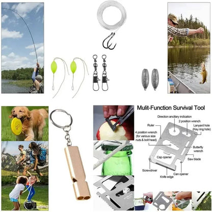 outils indispensable tel qu'un sifflet, fils et hameçon pour pêcher contenu dans le pack survie solo 72H   