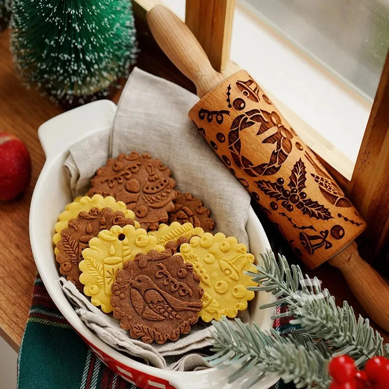 Rouleau à pâtisserie gravé en bois motifs Noël – Rouleau à biscuits en relief - Ustensile de chef