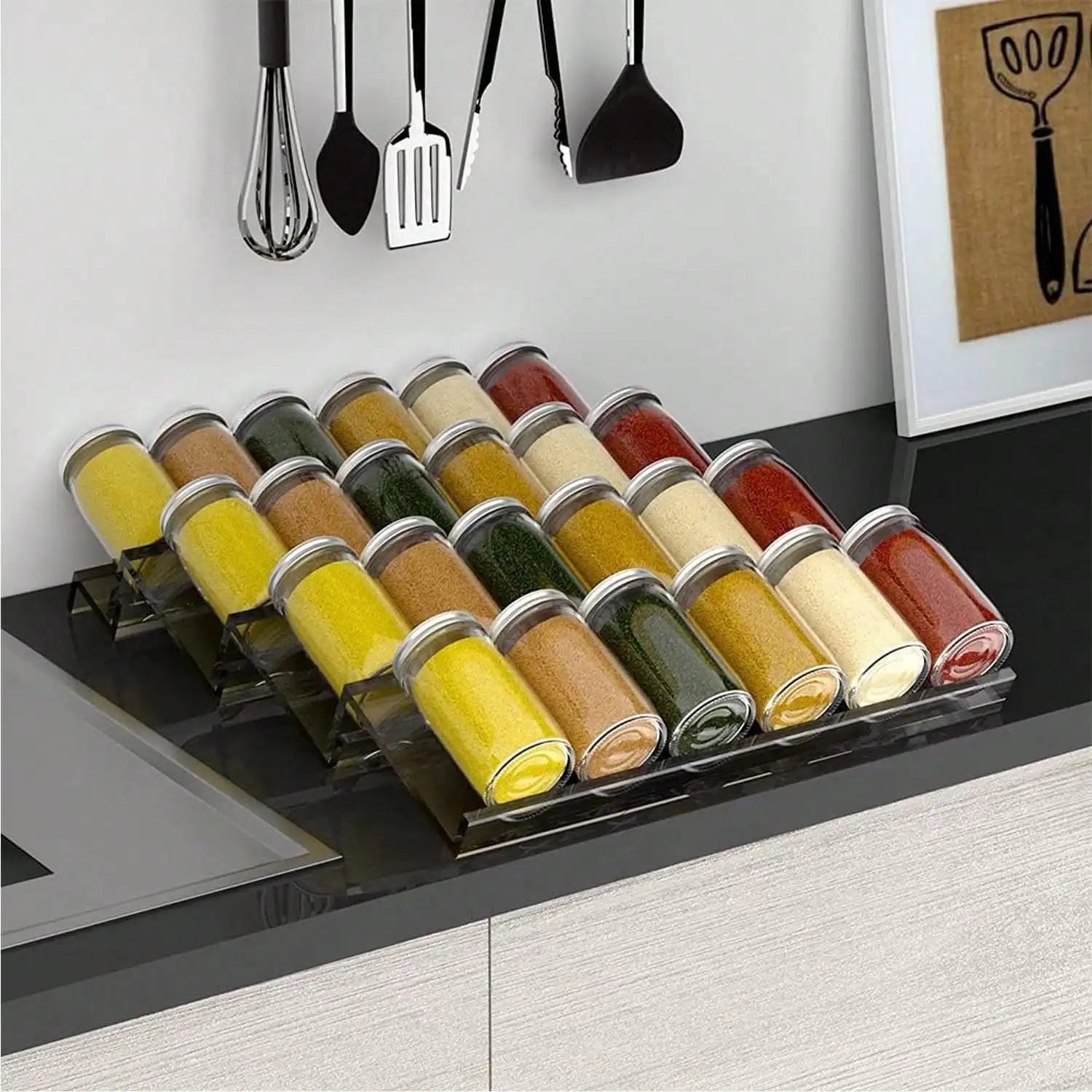 Organisateur de tiroir pour épices en acrylique – Rack à épices incliné pour une lecture facile, disponible en clair et noir - Ustensile de chef