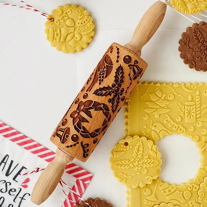 Rouleau à pâtisserie gravé en bois motifs Noël – Rouleau à biscuits en relief - Ustensile de chef