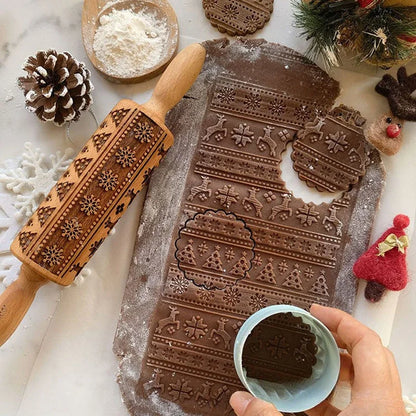 Rouleau à pâtisserie gravé en bois motifs Noël – Rouleau à biscuits en relief - Ustensile de chef