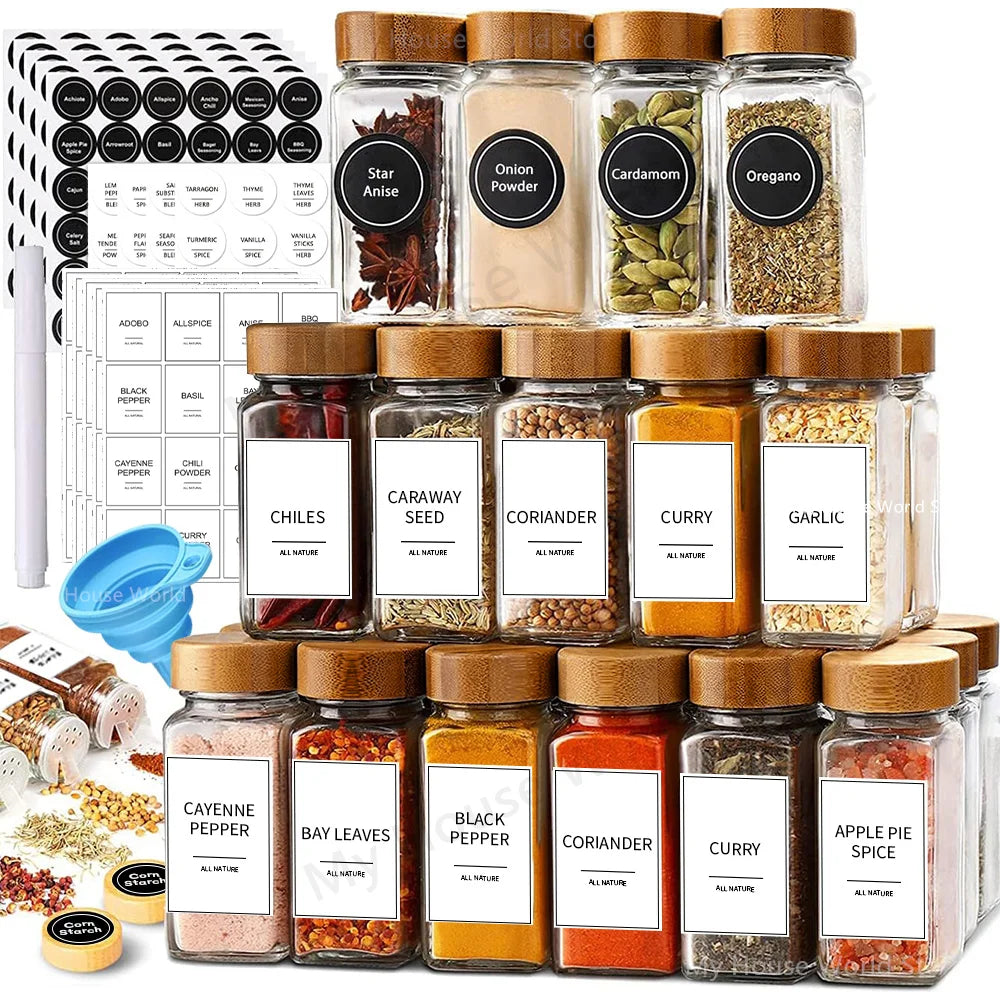 Set de 13 Bocaux à Épices en Verre 120ml avec Couvercles en Bambou