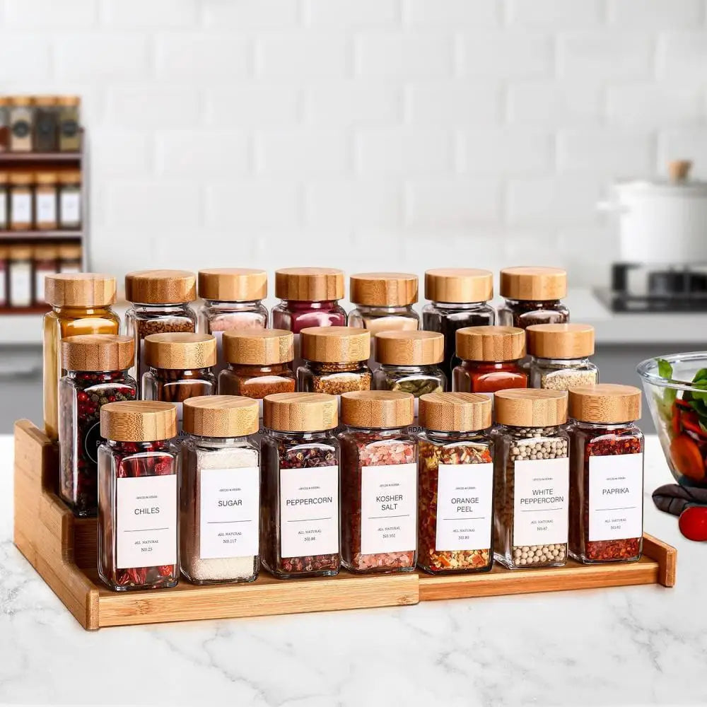 Set de 13 Bocaux à Épices en Verre 120ml avec Couvercles en Bambou – Étiquettes Incluses, Bouchon Verseur 2-en-1 