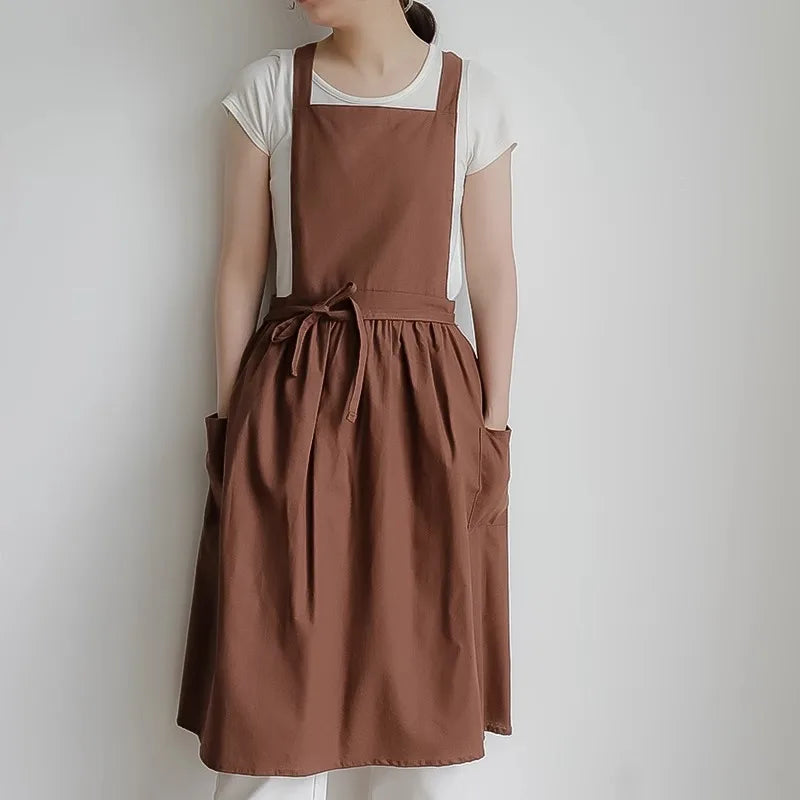 Tablier Long Imperméable en Coton – Élégant, Croisé dans le Dos marron
