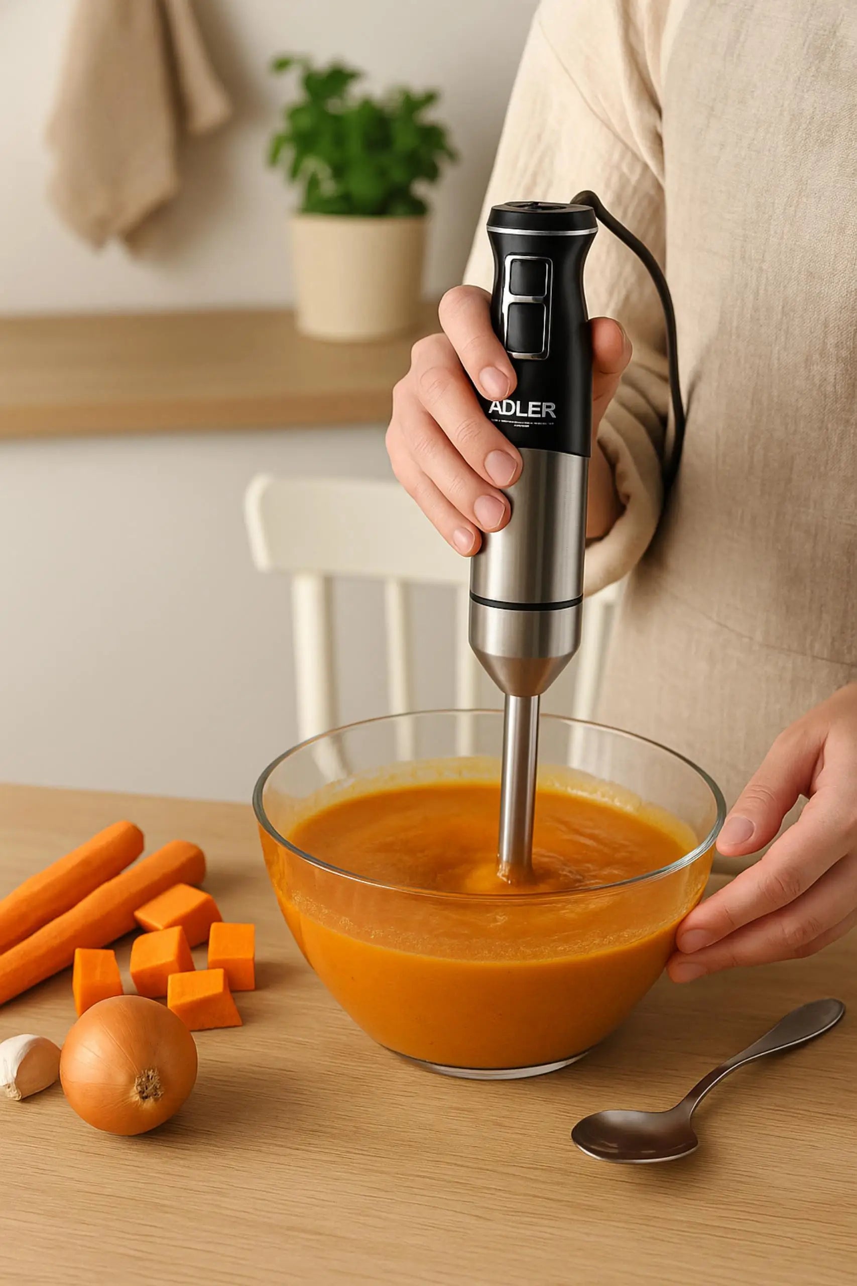 Mixeur plongeant Turbo 1900W dans un bol de soupe, parfait pour mixer et émulsionner rapidement.