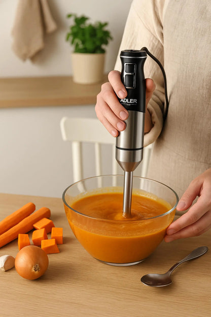 Mixeur plongeant Turbo 1900W dans un bol de soupe, parfait pour mixer et émulsionner rapidement.
