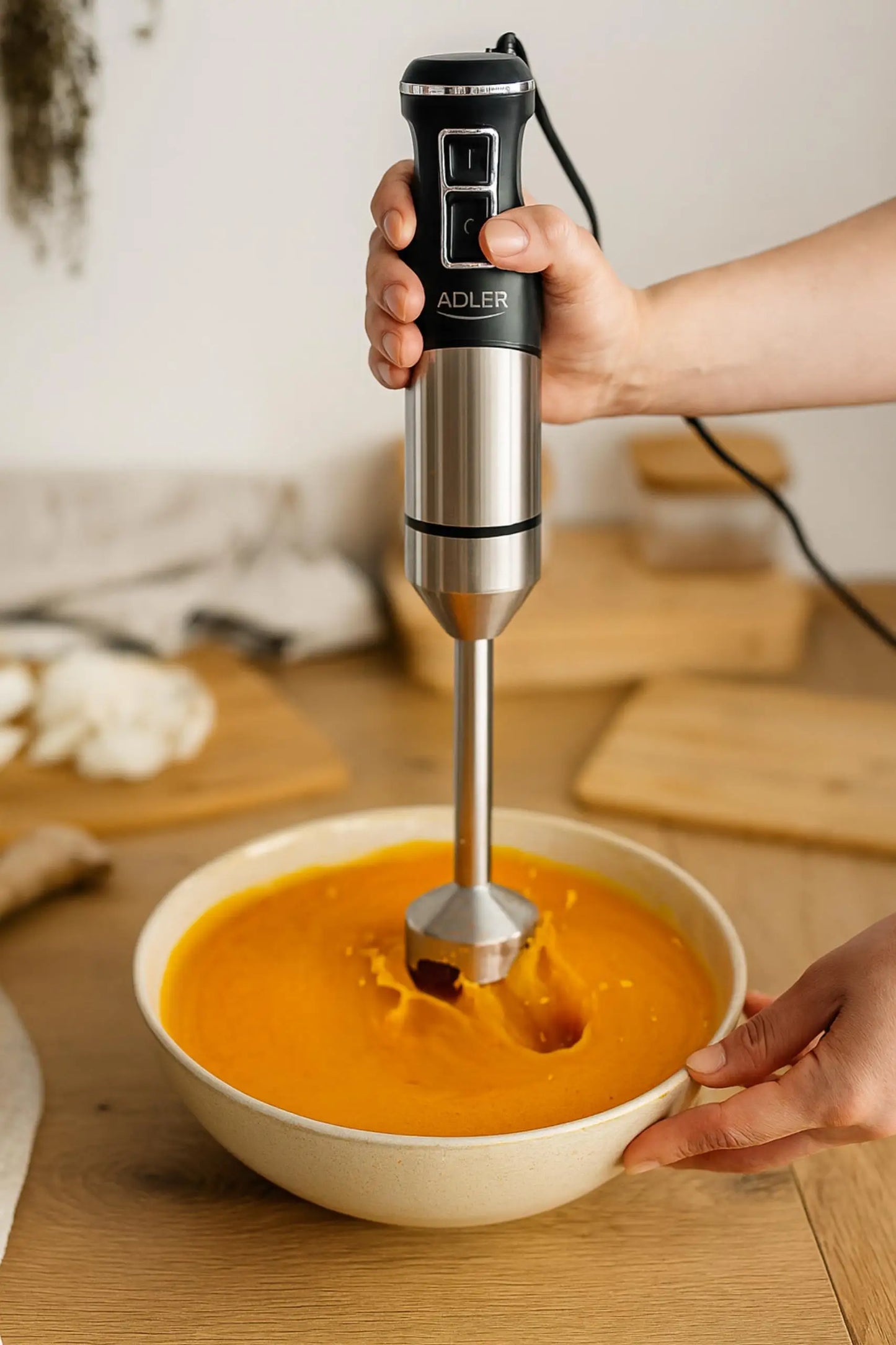 Mixeur plongeant Turbo 1900W en action pour mixer et émulsionner des recettes rapidement dans un bol