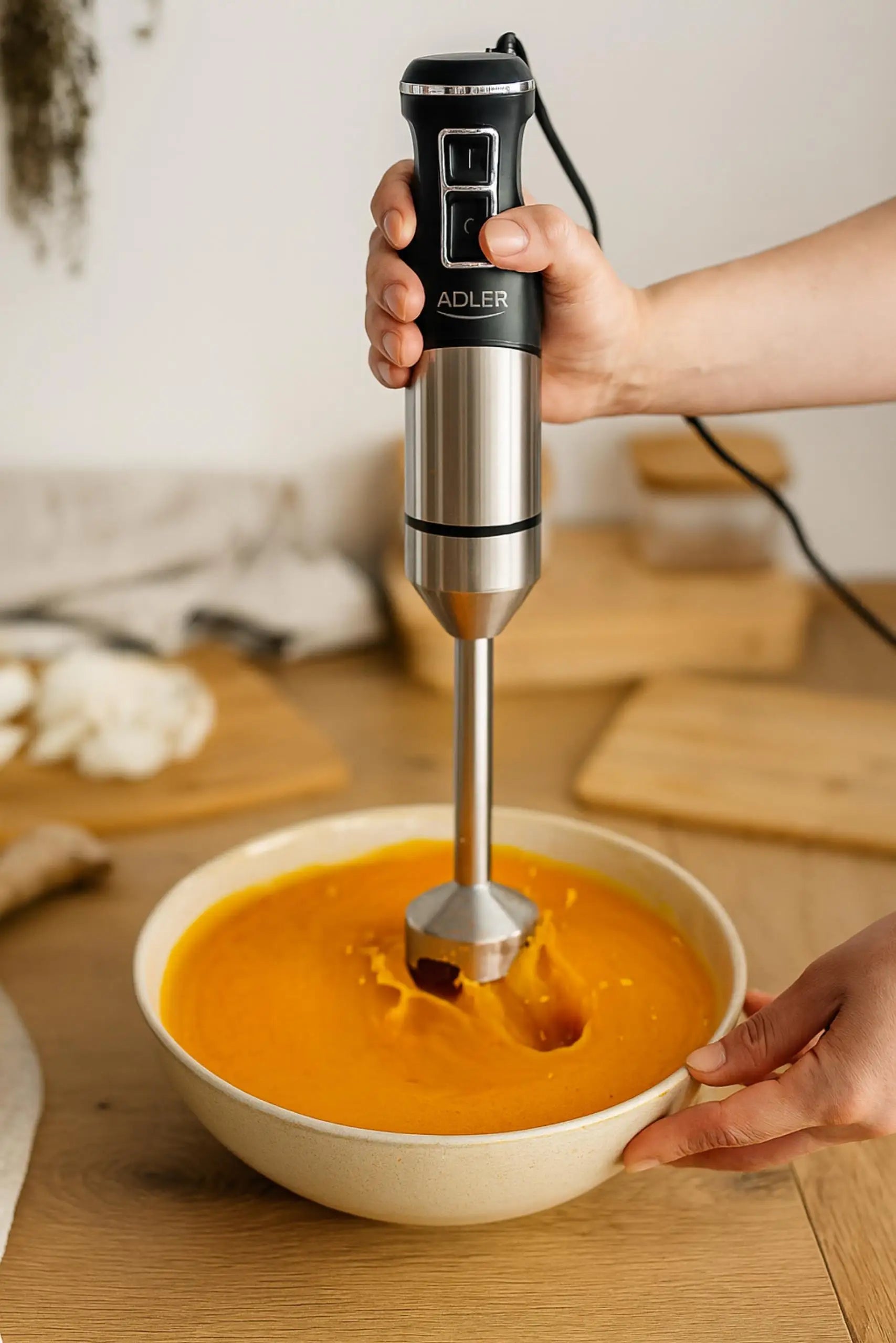 Mixeur plongeant Turbo 1900W en action pour mixer et émulsionner des recettes rapidement dans un bol