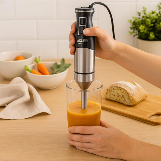 Mixeur plongeant Turbo 1900W en action pour mixer et émulsionner des ingrédients dans un verre.