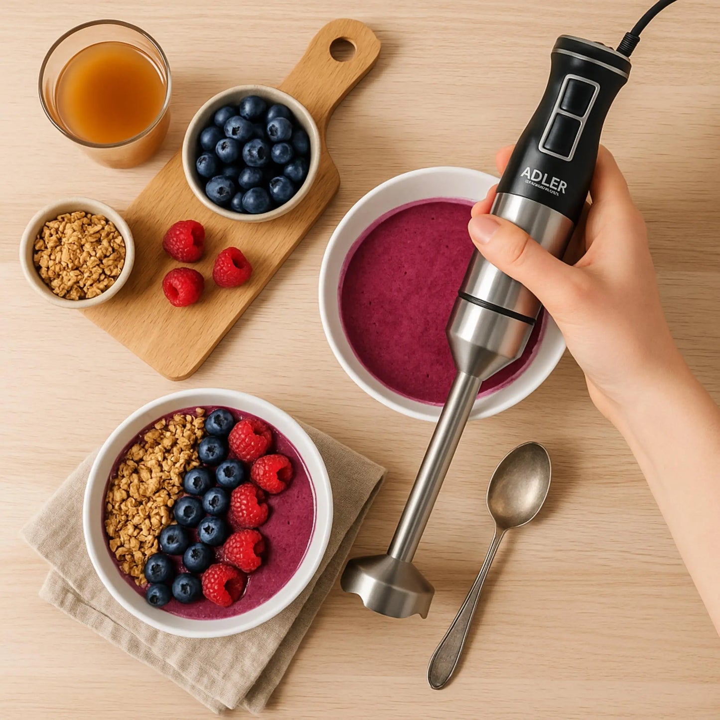 Mixeur plongeant Turbo 1900W en action pour mixer des fruits et préparer des recettes rapidement