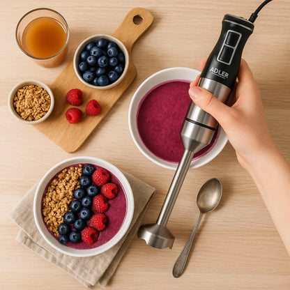 Mixeur plongeant Turbo 1900W en action pour mixer des fruits et préparer des recettes rapidement
