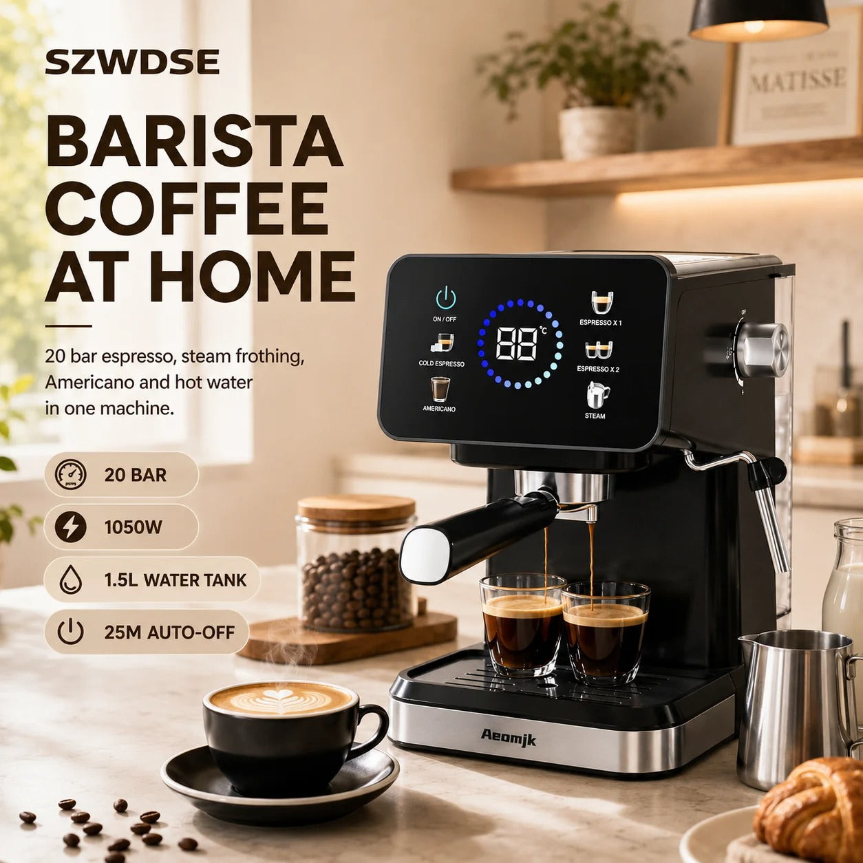 Machine à expresso semi-automatique avec mousseur à lait offrant 20 bar et réservoir de 1,5 L