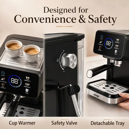 Machine à expresso semi-automatique avec mousseur à lait, chauffe-tasses et valve de sécurité intégrée