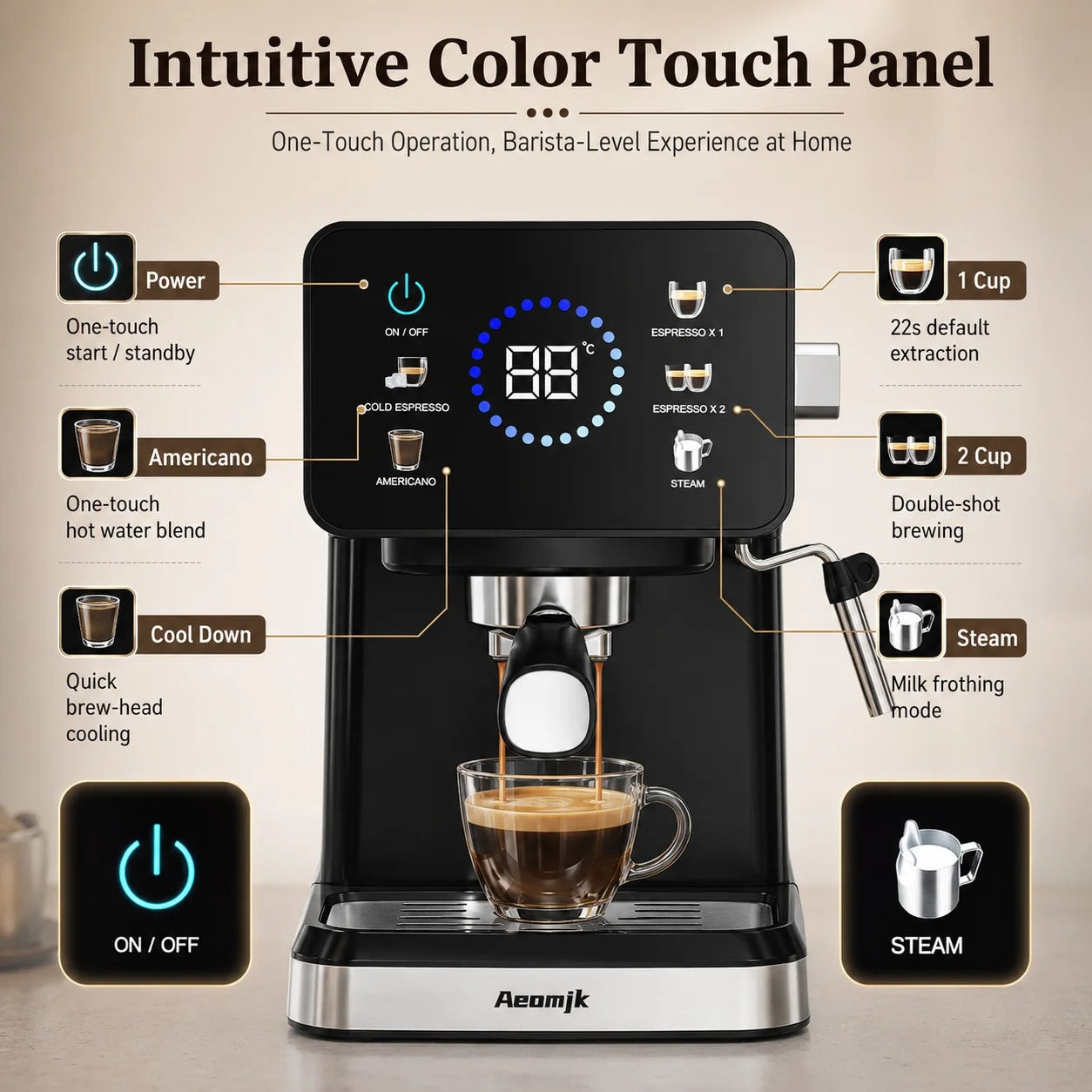 Machine à expresso semi-automatique avec mousseur à lait et panneau de contrôle tactile intuitif