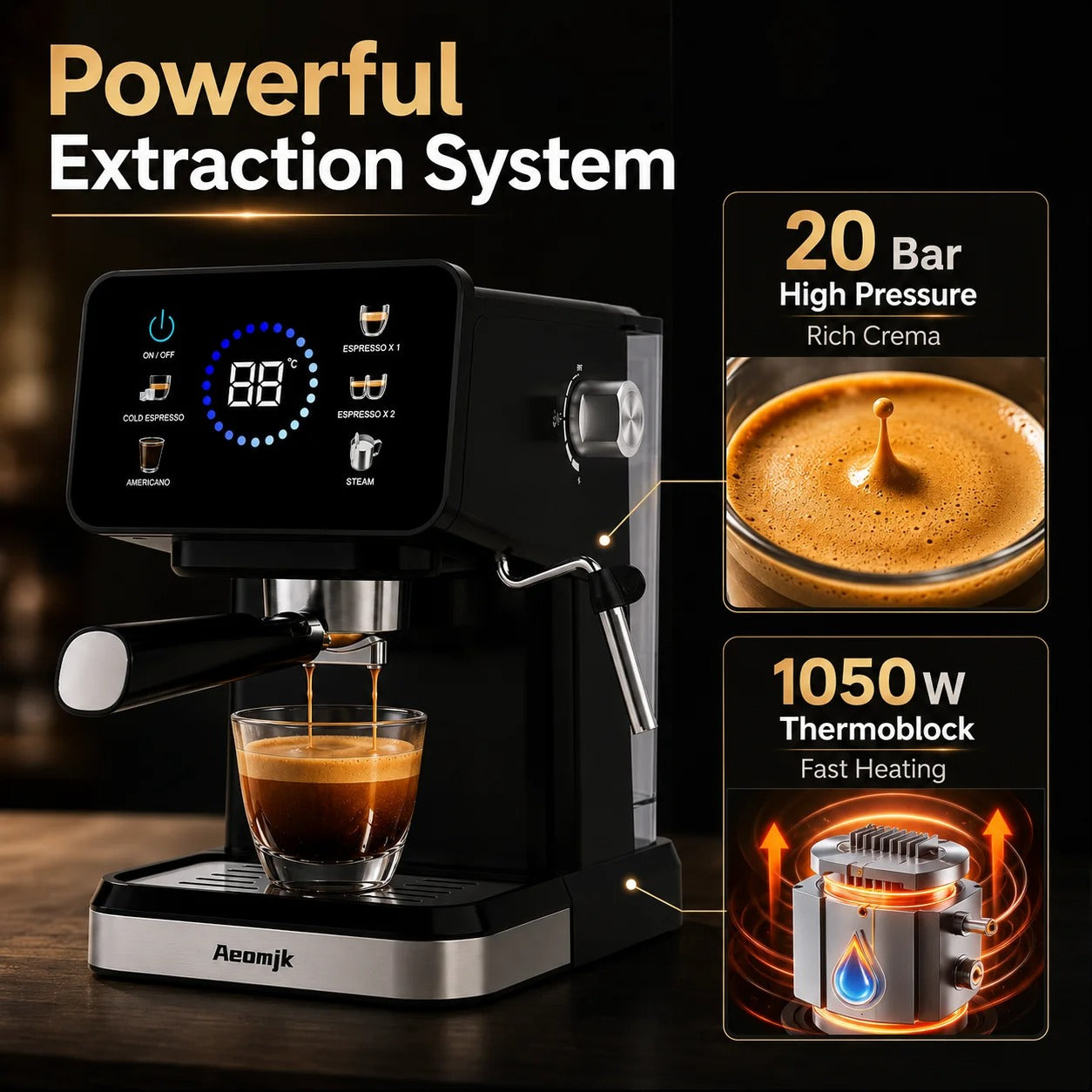 Machine à expresso semi-automatique avec mousseur à lait affichant un système d'extraction puissant et une chaleur rapide