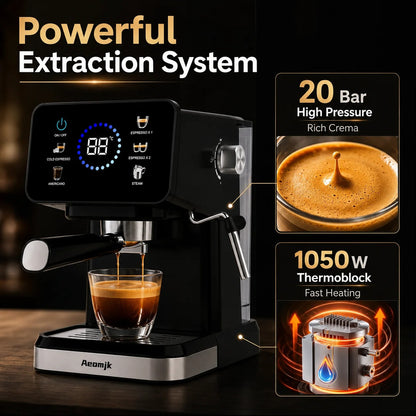 Machine à expresso semi-automatique avec mousseur à lait affichant un système d'extraction puissant et une chaleur rapide