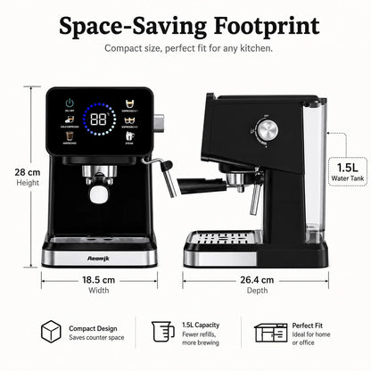 Machine à expresso semi-automatique avec mousseur à lait, design compact et réservoir d'eau de 1,5 L