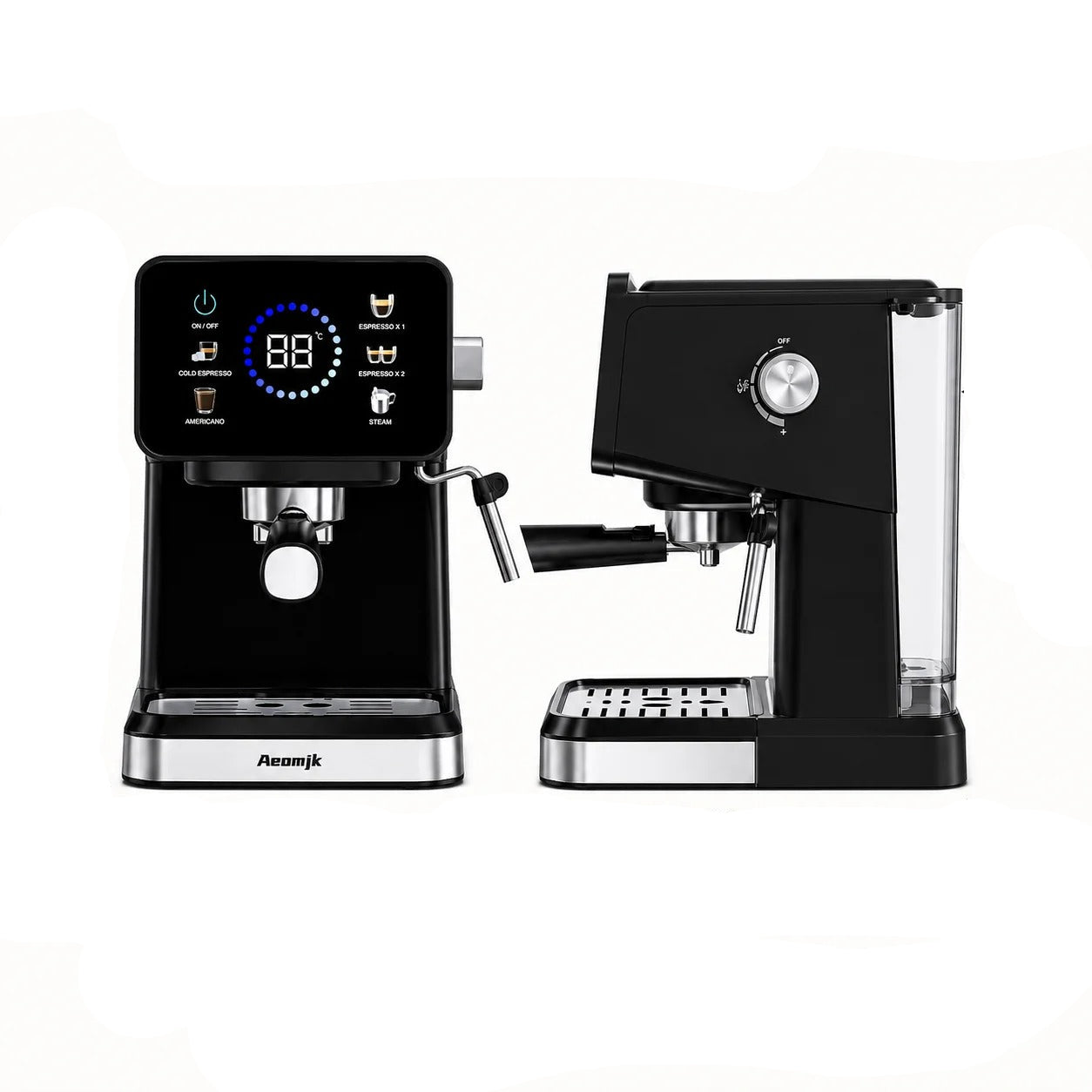 Machine à expresso semi-automatique avec mousseur à lait en noir pour préparer des cafés de qualité.