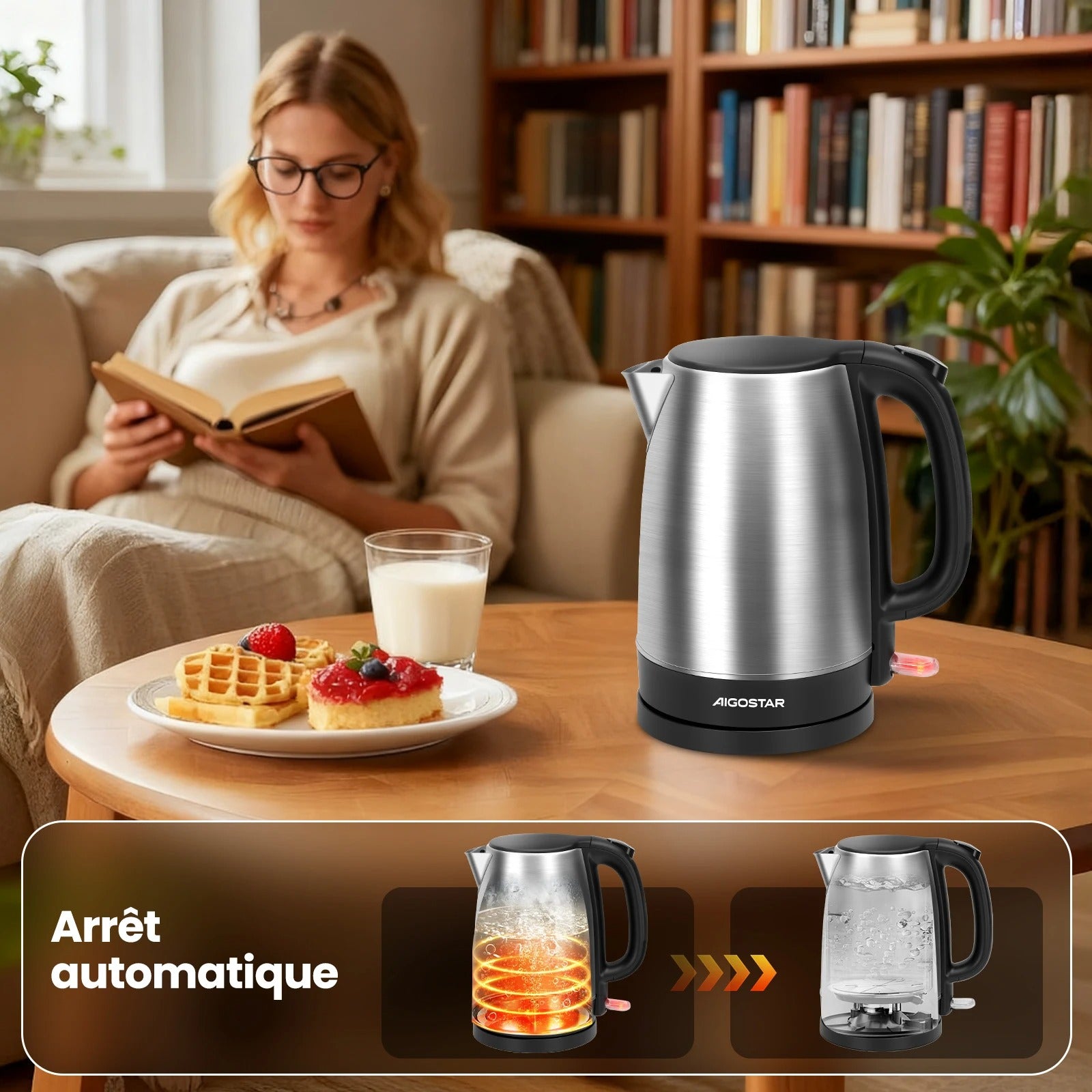 Bouilloire électrique inox 1,7L rapide 2200W sur une table avec une femme lisant un livre