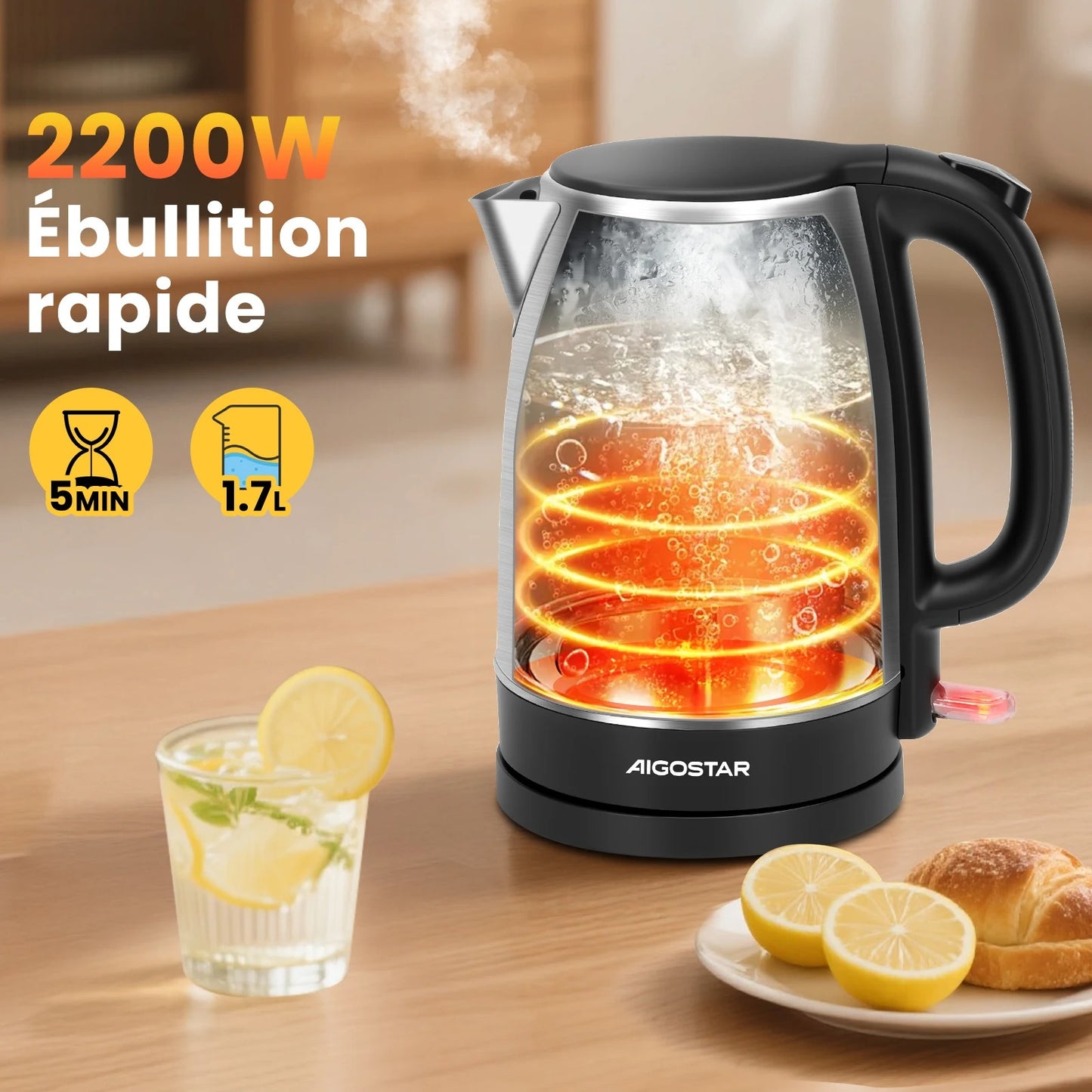 Bouilloire électrique inox 1,7L rapide 2200W avec éclairage LED et ébullition en 5 minutes