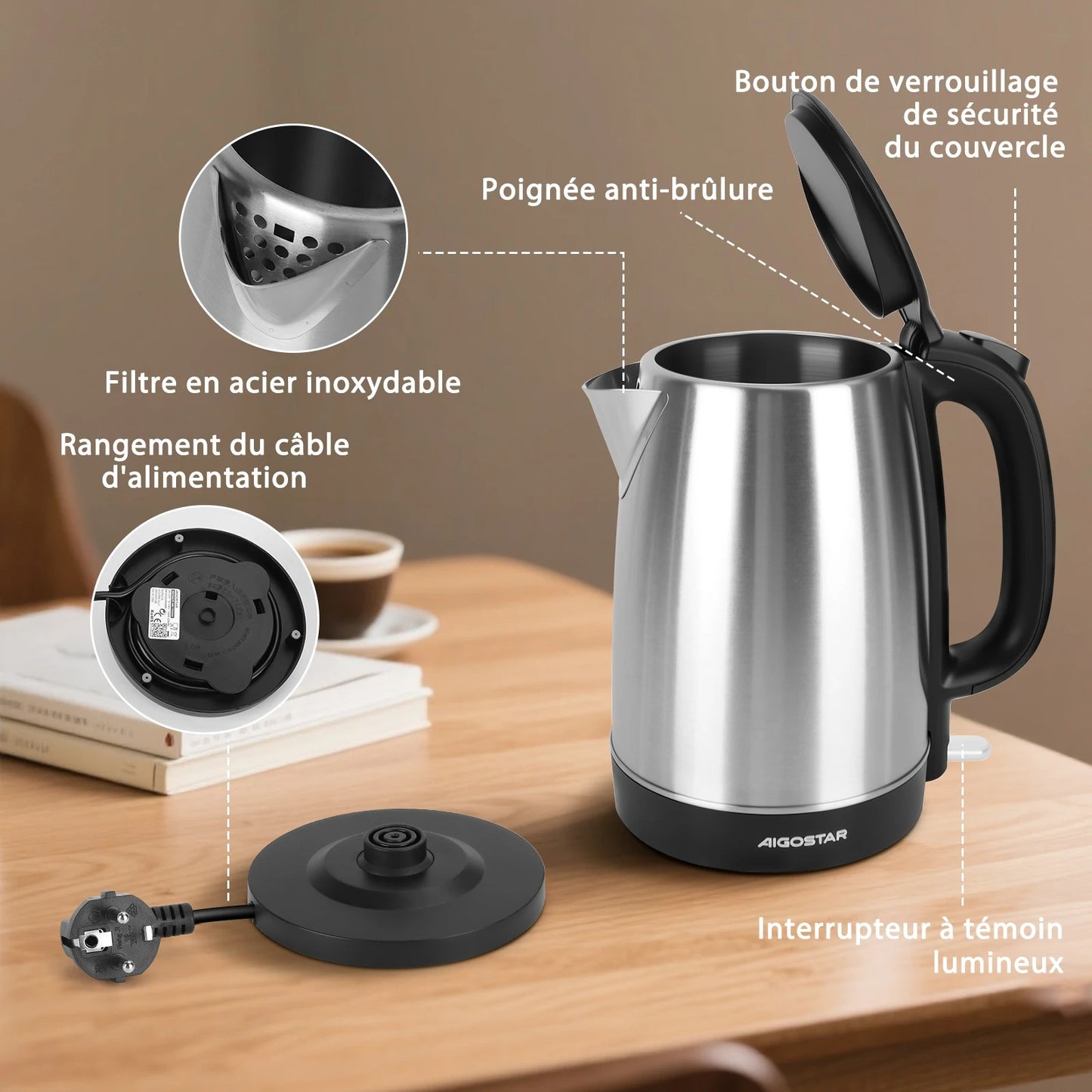 Bouilloire électrique inox 1,7L rapide 2200W avec filtre en acier et bouton de sécurité