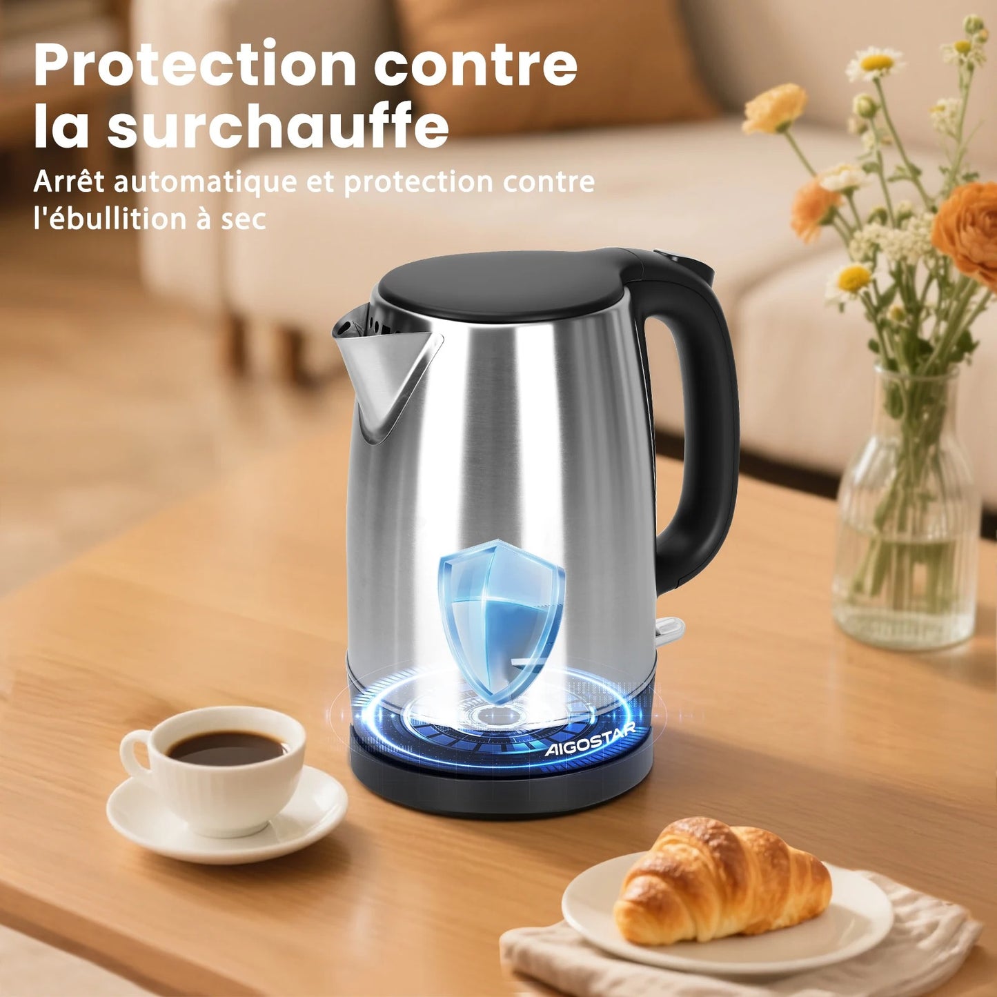 Bouilloire électrique inox 1,7L rapide 2200W avec protection contre la surchauffe et arrêt automatique