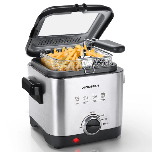 Friteuse Compacte 1,5L Aigostar en acier inoxydable avec panier et couvercle transparent pour frites croustillantes