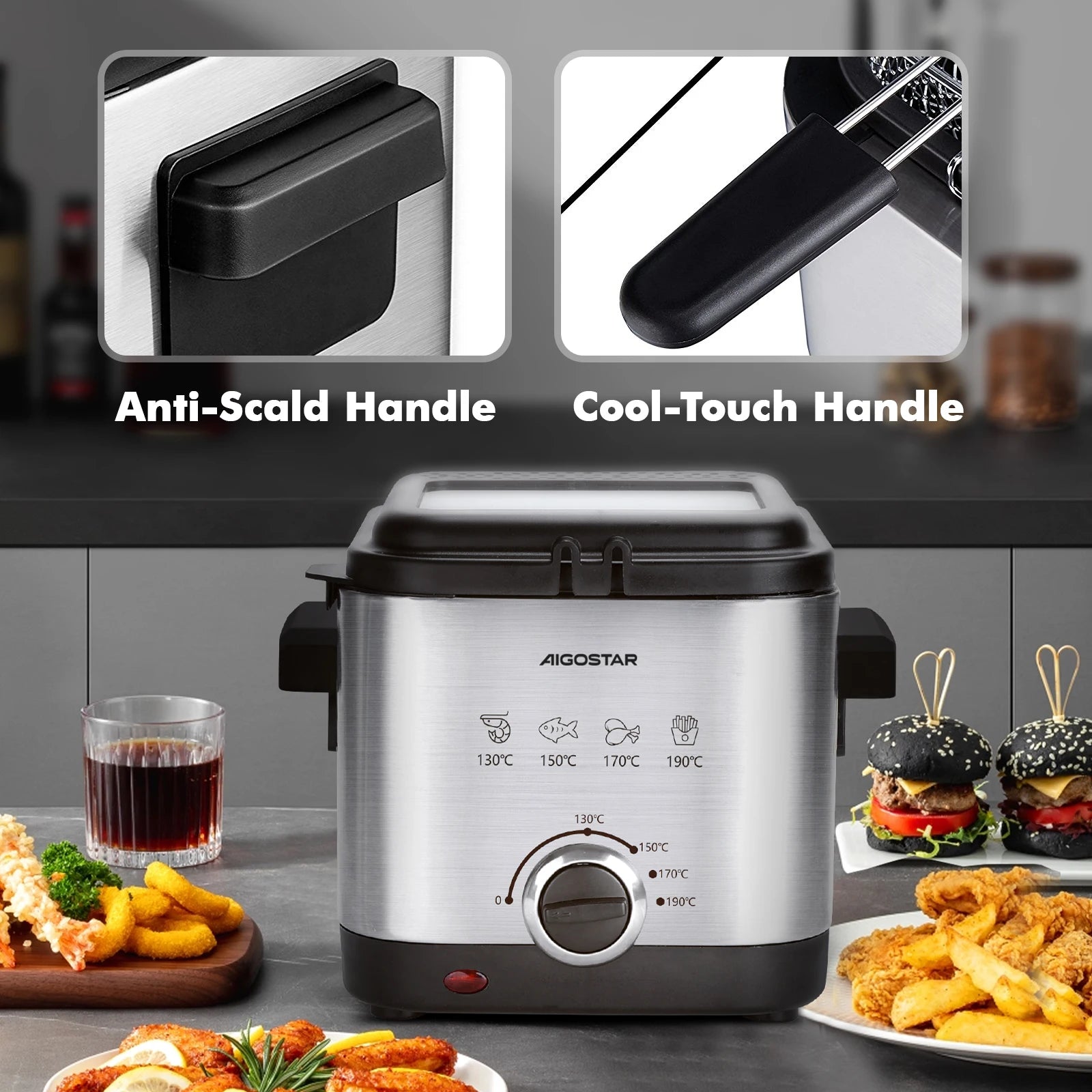Friteuse Compacte 1,5L Aigostar avec poignée anti-brûlure et poignée tactile pour une utilisation sécurisée