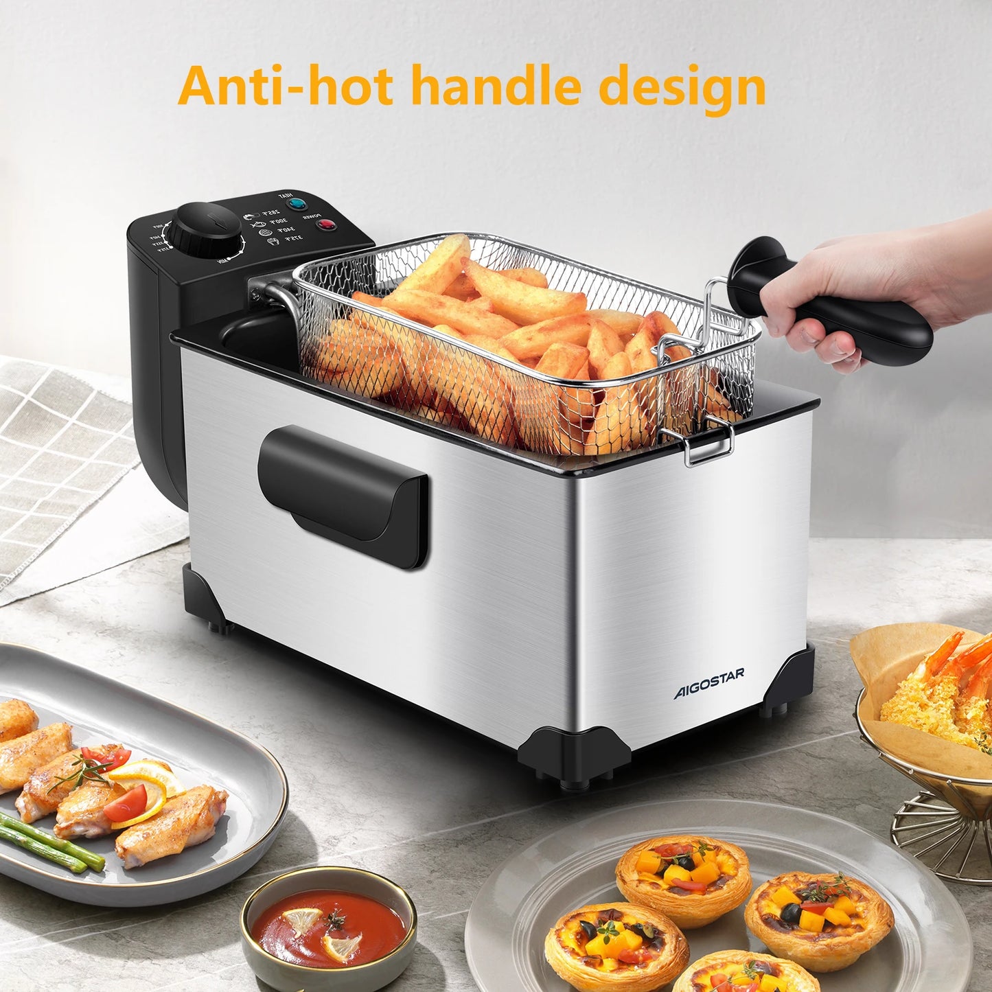 Friteuse Électrique Familiale 3L – Inox avec design de poignée anti-chaleur et panier pour frites croustillantes