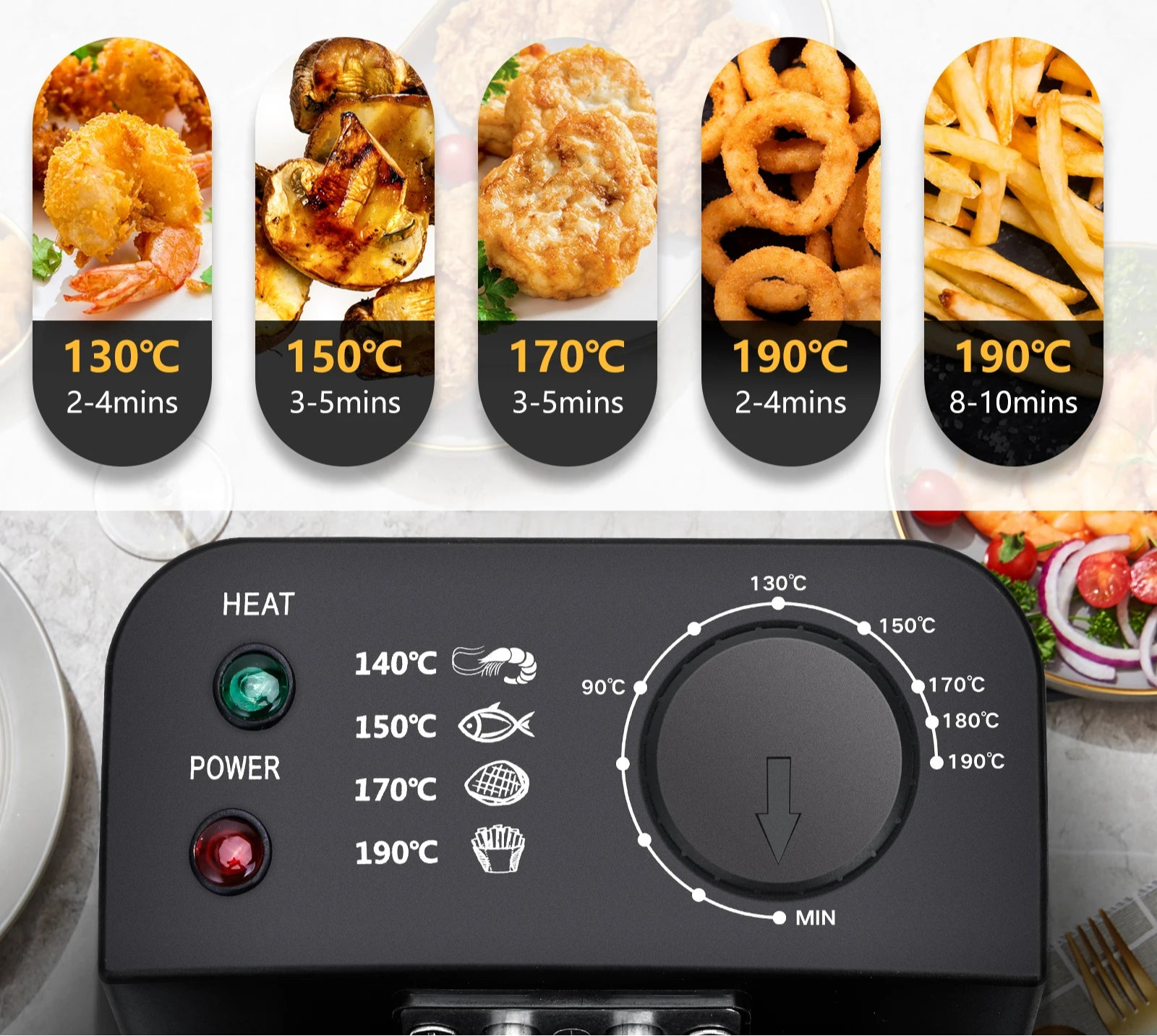 Panneau de commande de la Friteuse Électrique Familiale 3L – Inox avec options de température et durée de cuisson.