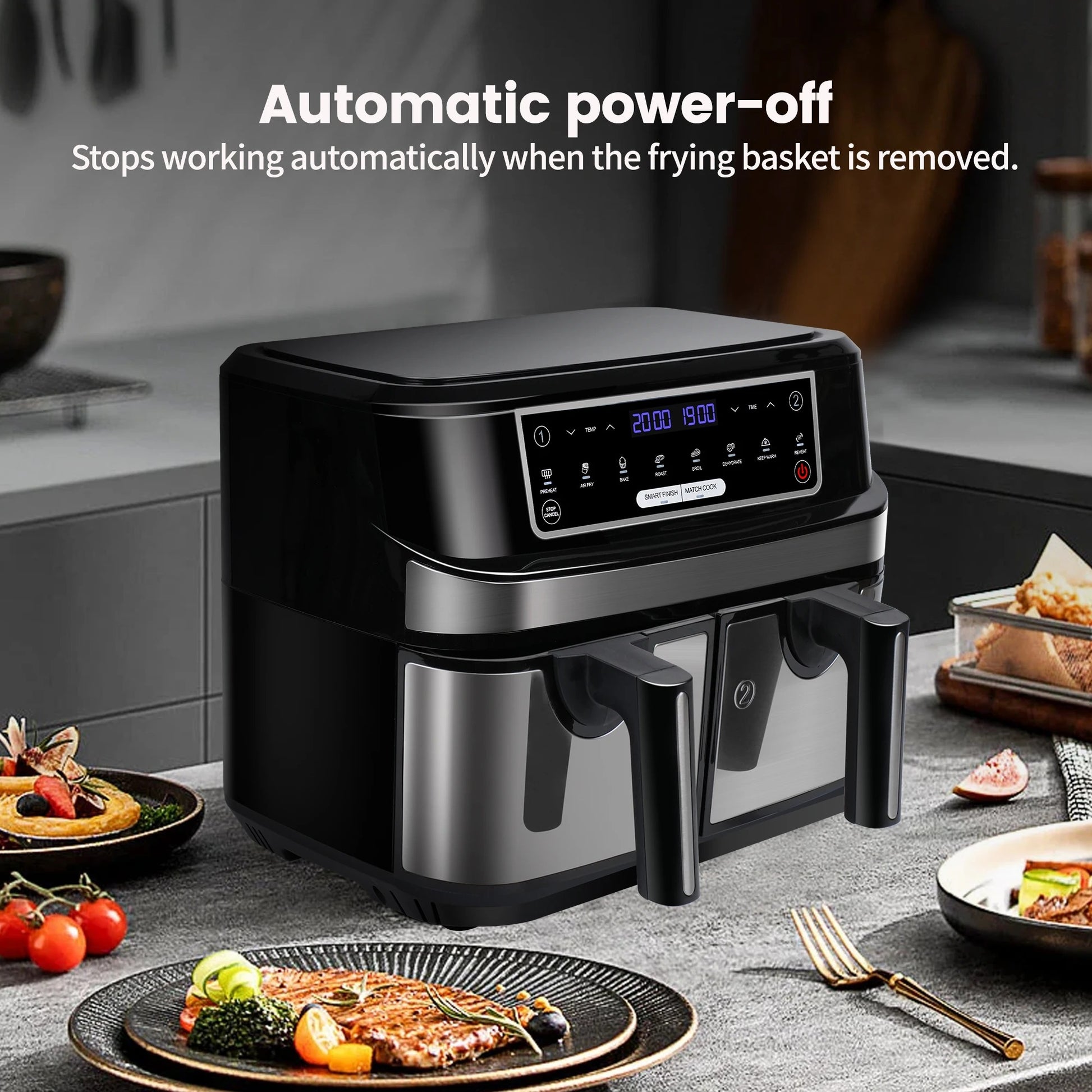 Friteuse à air XXL 9L double compartiment sans huile avec arrêt automatique pour une cuisson pratique