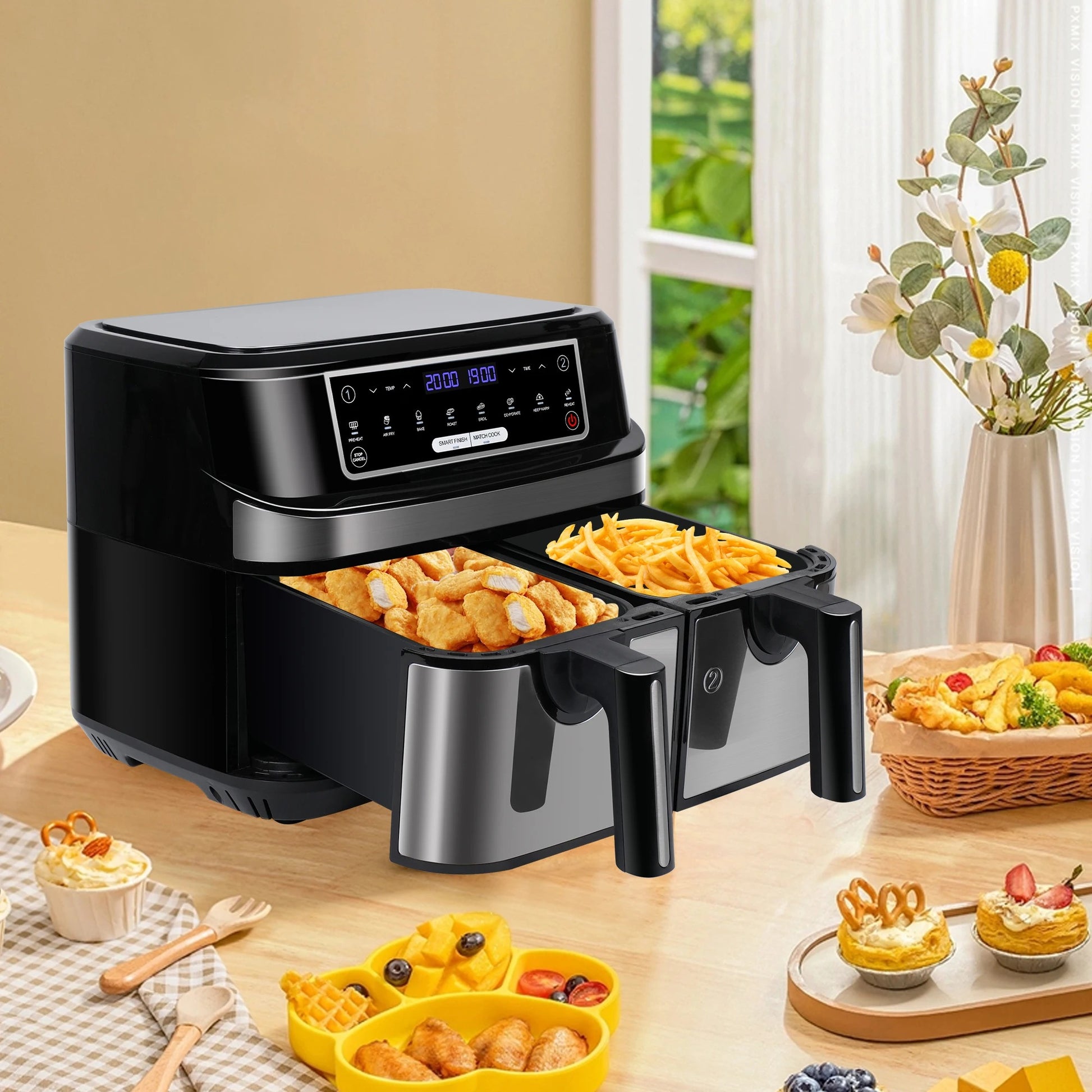 Friteuse à air XXL 9L double compartiment sans huile avec des frites et des aliments croustillants