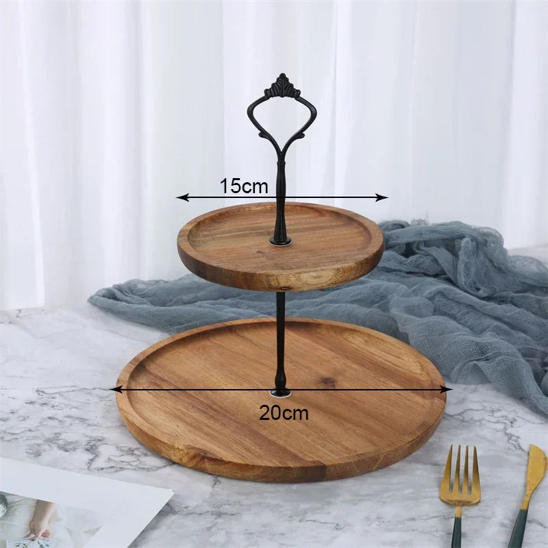 Présentoir à étages en bois – 2 ou 3 niveaux élégants. Rond deux niveaux bois naturel poignée métal noire plateaux 15cm 20cm