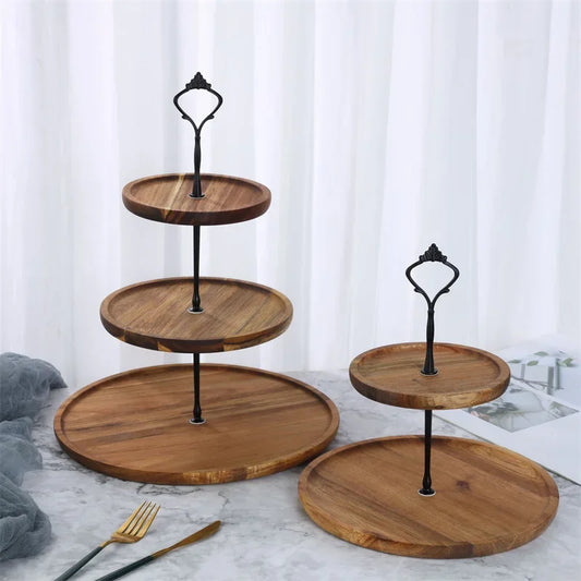 Présentoir à étages en bois – 2 ou 3 niveaux élégants. Présentoirs ronds en bois avec poignée noire, idéal pour présenter desserts