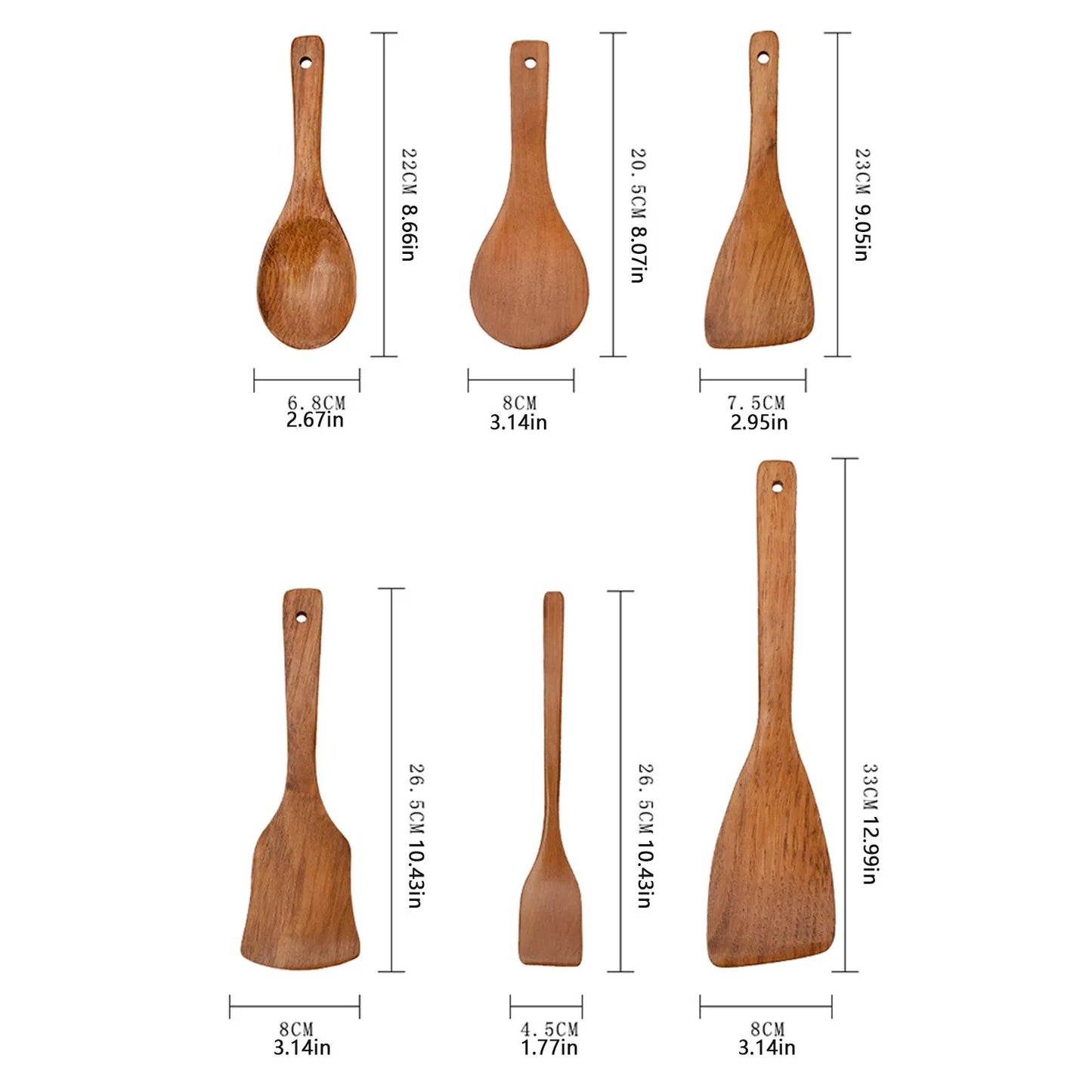 Ensemble de 6 Ustensile de Cuisine en Bois – Cuillère ou Spatule Écologique montrant cuillères et spatules en bois avec dimensions
