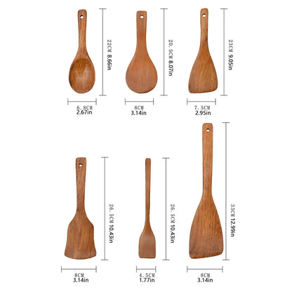 Ensemble de 6 Ustensile de Cuisine en Bois – Cuillère ou Spatule Écologique montrant cuillères et spatules en bois avec dimensions