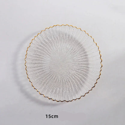 Assiette en verre transparente avec bordure dorée élégante de 15 cm, idéale pour des présentations raffinées.