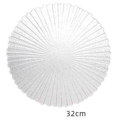 Assiette en verre transparente avec bordure dorée élégante de 32 cm de diamètre, design raffiné et moderne.