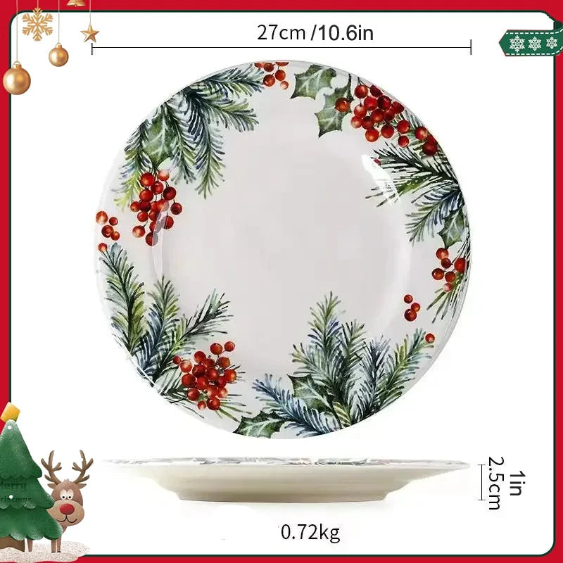 Assiette Noël en Céramique – Set Festif Décor Table 11 pouces avec motifs de houx et baies rouges