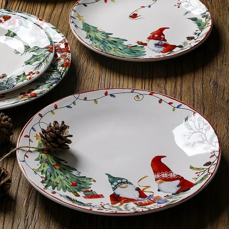 Assiette Noël en Céramique – Set Festif Décor Table 11" avec motifs de pingouins et de sapins de Noël