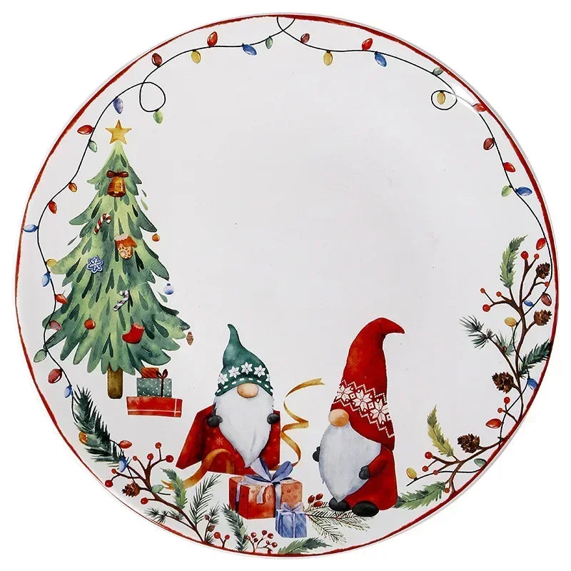 Assiette Noël en Céramique avec décorations festives de Noël et Gnomes, diamètre 11"