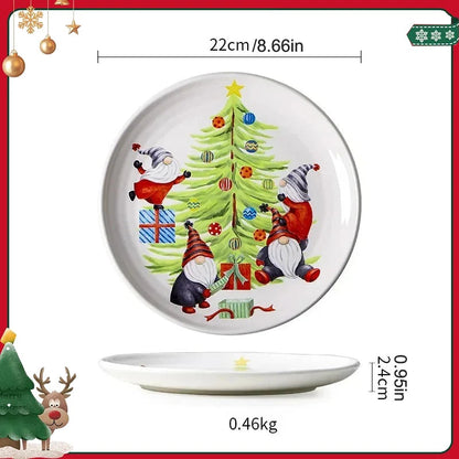 Assiette Noël en Céramique – Set Festif Décor Table 11 pouces avec des lutins et un sapin décoré