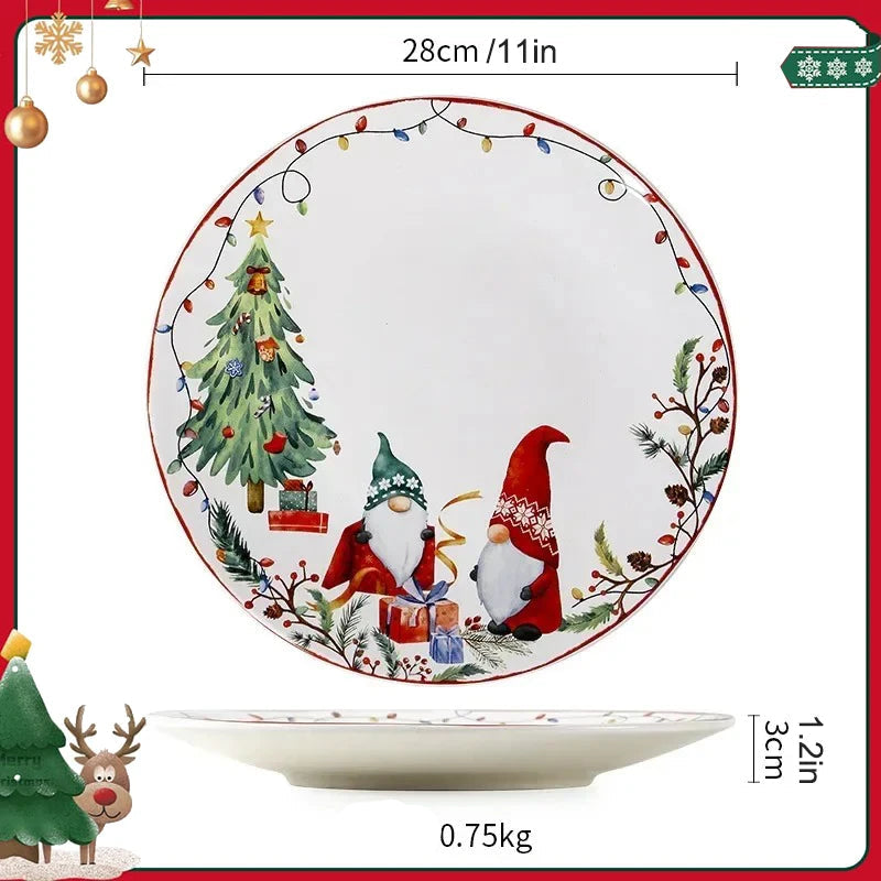Assiette Noël en Céramique – Set Festif Décor Table 11" avec motifs de Noël colorés
