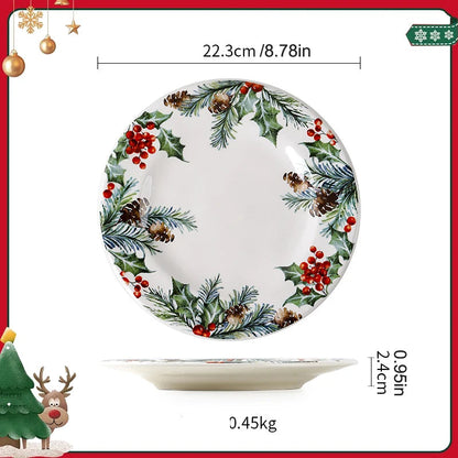 Assiette Noël en Céramique – Set Festif Décor Table 11 avec motif de sapin et baies rouges