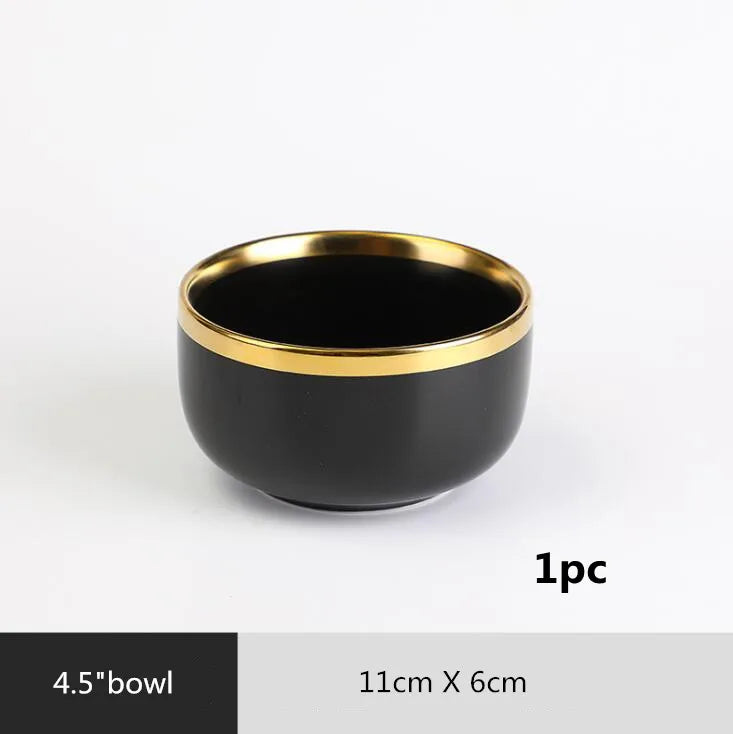 Bol noir en céramique avec bord doré – Assiettes en céramique noires bord doré – Service complet