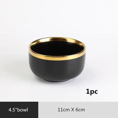 Bol noir en céramique avec bord doré – Assiettes en céramique noires bord doré – Service complet